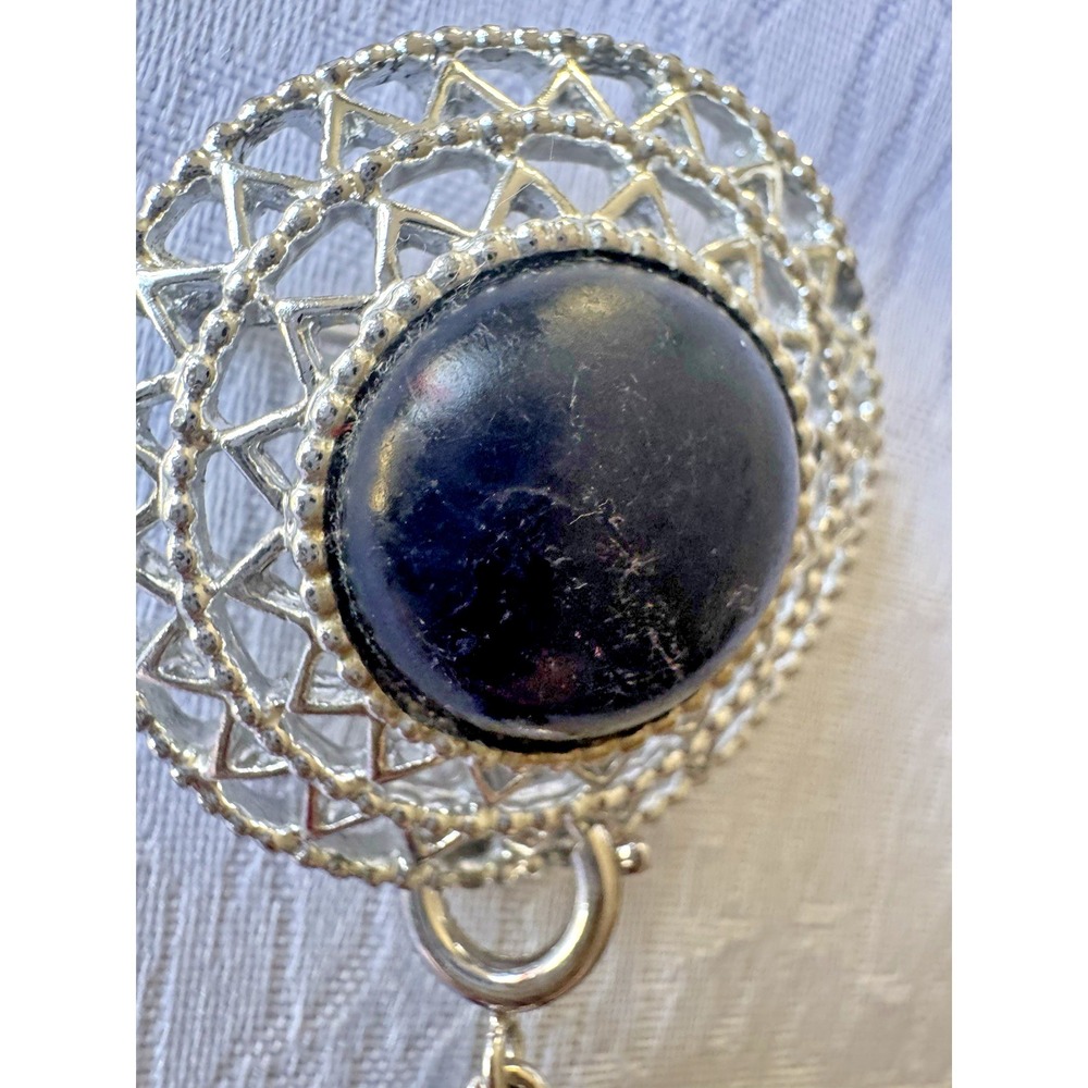 Vintage Sarah Coventry Black‎ Cabochon Dangle Drop Brooch Silver Tone Jewelry